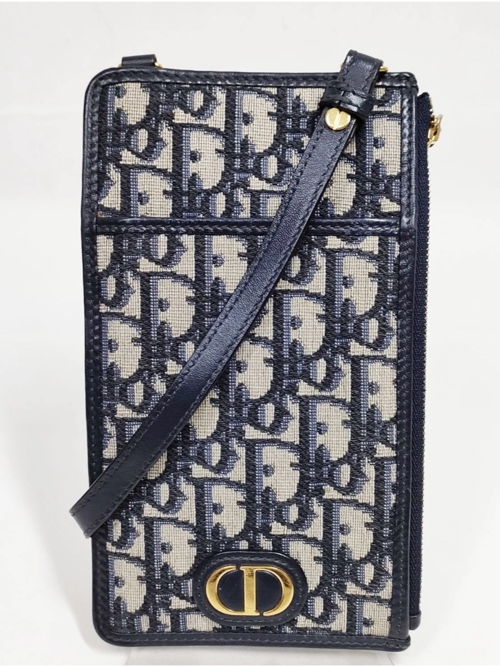 Christian Dior Oblique Phone Bag Blue Canvas Leather Crossbody Gold CD Logo